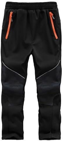 Zzkouine Pantalon de Ski de Neige pour Garçon Pantalon de Randonnée Coupe-Vent pour Enfant Pantalon Hiver Chaud Doublé de Laine Polaire, Noir/Camouflage 134-140