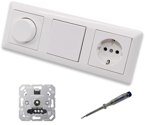 EBROM SET IDEE: JUNG 1730DD - Dimmer rotativo a LED + dimmer A1740WW + interruttore della luce 506U + presa A1520WW bianco alpino lucido + tester di fase EBROM per il montaggio dei dispositivi ecc.