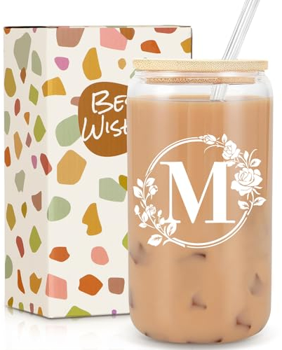 Gifts for Women, Birthday Gifts for Women, Personalised Monogrammed Gift, 16oz Initial Glass Cup with Lids Straws, Personalised Custom Cute Glass Cup for Mom, Teachers, Friends, Initial M