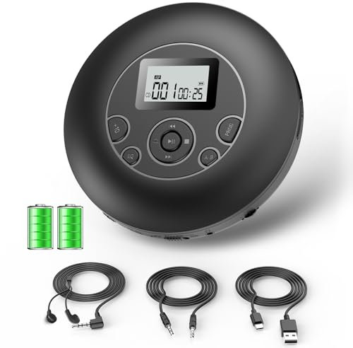 DESOBRY Portable CD Player, 7 Hour Battery Playtime, Compact Discman with Earphone, Hold Lock and Anti-Skip Function, Car CD Player with AUX