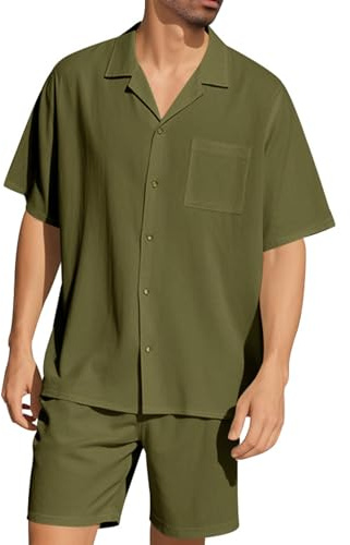 Volemo Survêtement Homme 2 Pièces Ensemble Jogging Sport Pantalon Chemise Short Été Costume Vert M