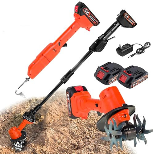 Electric Mini Digging Hoe, Cordless Tiller Cultivator with Telescopic Pole, 2 Batteries, Hand-Held Micro Tiller Weeding Machine for Cutting Grass, Wheat, Tea Tree, Soil Preparation, Weeding