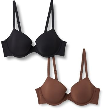 Amazon Essentials Women's Peached Microfiber Lined Demi Bra, Pack of 2, Black/Rich Hazel, 34B