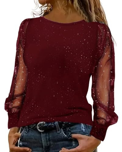 Generisch 2026 - Blusas festivas Mujeres Negro Elegante Traje de Nochevieja Lentejuelas Top Blusas Transparentes, rojo, L