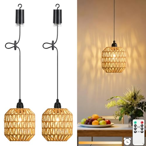 Lightsjoy 2 Lámparas Colgantes con Batería, Lámpara Exterior Techo Ratan