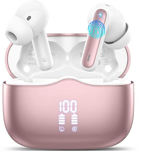 Wireless Earbuds, Bluetooth 5.4 Headphones in Ear 3D Bass Stereo, 40H Wireless Earphones with 4 ENC Noise Cancelling Mic, IP7 Waterproof Bluetooth Earbuds LED, AI-Enhanced Calls for Android iOS, Rose