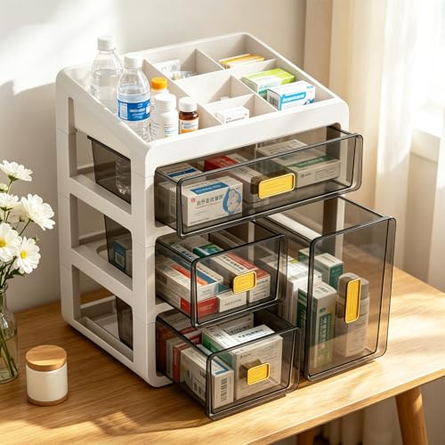 Boîte de Rangement à Quatre Tiroirs,Armoire Pharmacie en Plastique Blanc,Organiseur de Médicaments avec Tiroirs Transparents,Grand Rangement pour Medicaments et Petits Cosmétiques,pour Maison Bureau