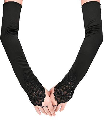 SAVITA Fingerless Long Black Gloves Pierced Elbow Length Satin Gloves 19 Stretchy Opera Evening Party 1920s for Women