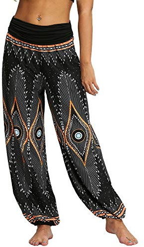 Nuofengkudu Damen Thai Hippie Hosen Haremshosen Baggy Yogahosen Leichte Boho Print Pluderhose High Waist Strandhose Freizeithose (Schwarz Pfau,XL)