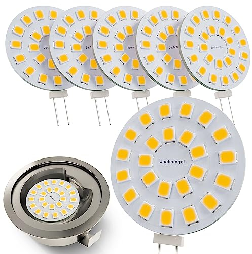 JAUHOFOGEI G4 rund LED Lampen, 2w ersetz 20w Halogen Stiftsockellampe Glühbirne, 12V AC/ 10-30V DC, Leuchtmittel G4 für Unterbauleuchte Einbaustrahler Möbeleinbauleuchte, Warmweiss, 6 Stück