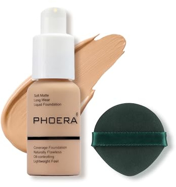 PHOERA Foundation Makeup, Flawless Soft Matte Oil Control Liquid Foundation, Full Coverage Mattle Oil-Control Concealer for Older Women, Great Choice For Gift (#104 Buff Beige)