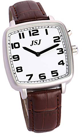 VISIONU Quadratische Deutsch Sprechende Armbanduhr mit Weckerunktion, Sprachfunktion Uhrzeit und Datum, Weiß- Ziffernblatt, Braun Lederarmband TGSW-1707G