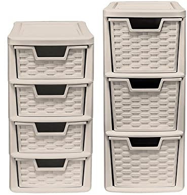 Small Rattan Tower Units Duo Set - Mushroom: 3 Drawer 47cm (H) x 19cm (W) x 26cm (D) & 4 Drawer 38.5cm (H) x 19cm (W) x 26cm (D) Combo.