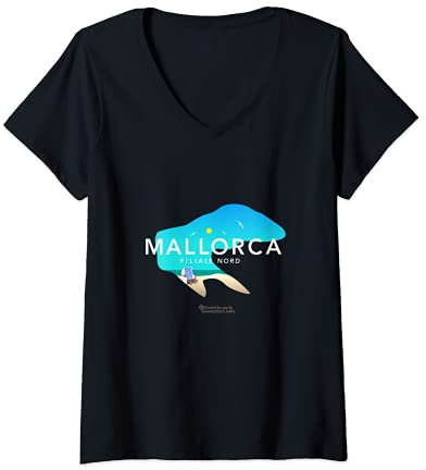Damen Borkum Mallorca Filiale Nord Spruch & Strandkorb Borkum T-Shirt mit V-Ausschnitt