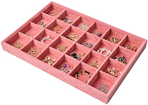 24 Griglie Vassoio Gioielli Velluto per Cassetto, Impilabili Organizer Gioielli Vassoi Portaoggetti, Scatola Porta Gioielli Rimovibile Vassoio Espositore Gioiello per Anello Collane Orecchini (Rosa)