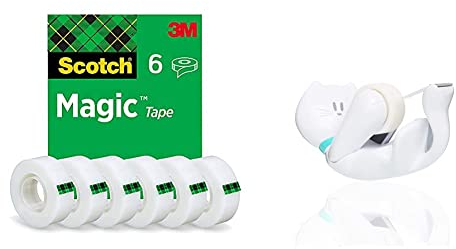 Scotch Magic Klebeband – 6 Rollen 19mm x 33m, Allzweck-Klebeband für die Reparatur & Tischabroller inkl. 1 Rolle Klebeband - Katze Klebeband Abroller, auch für Kinder, weiß