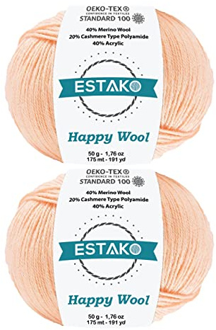 Estako Happy Wool (2 Skeins Pack) 40% Merino Wool 20% Cashmere Type Polyamide 40% Acyrlic Fingering Weight Soft Knitting and Crochet Yarn (2 x 1.76 oz) (2 x 191 yds) (8034 - Peach)