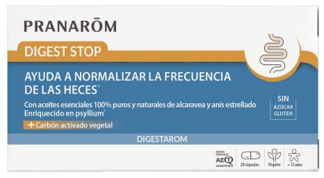 PRANAROM - Digestarom - Digest Stop - Normalise La Fréquence Des Selles - Aceites Esenciales De Carvi Y Anis Estrellado 100% Puros y Naturales - Carbón Activado Vegetal - Vegano - 20 Cápsulas