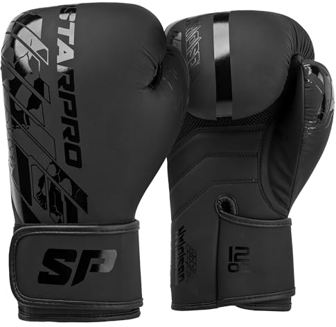 Gants de Boxe Starpro pour Hommes et Femmes - Rembourrage supplémentaire pour Le Combat, Le MMA, Le Muay Thai et l'entraînement au Sac de Frappe - Noir - 8, 10, 12, 14 et 16 oz