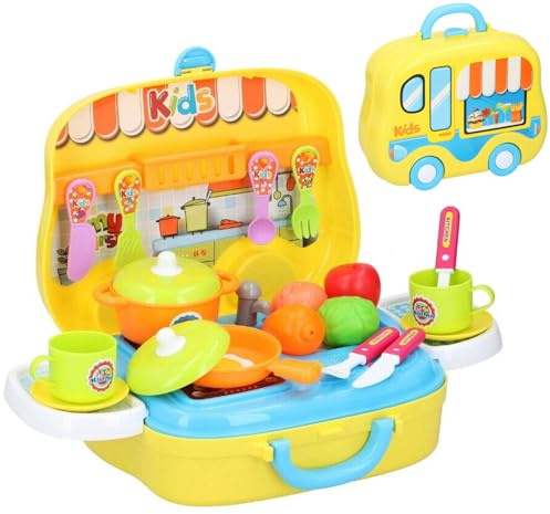 Taylor & Brown Role Play Kitchen Playset - Colourful Toy for Pretend Play Cooking Kit Food Portable Carry Case Set Yellow Xmas Gift - For 3 Years Old and Up