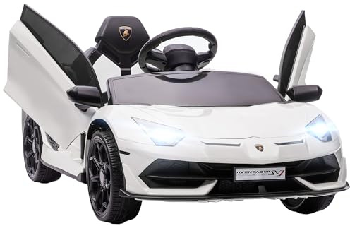 HOMCOM Coche Eléctrico Lamborghini para Niños Coche de Batería 12V Velocidad MAX.5 km/h Puerta de Tijera con Control Remoto MP3 Luces y Cinturón de Seguridad Blanco