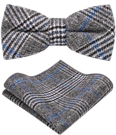 JEMYGINS Fliege Herren in Wolle Kaschmir Einfarbig Filz Geeignet für Herbst und Winter und Einstecktuch Sets dunkelgraue blaue Linien