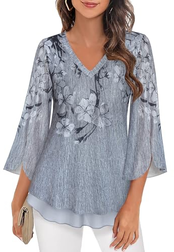 Schicke Bluse Damen Festlich Lang Bluse Tunika Damen Elegant 3/4 Arm Oberteile Feminin Locker Damenmode Frühling Formelle Kleidung Knitterfreie Loose fit Blusen mit Transparenten ärmeln,XL