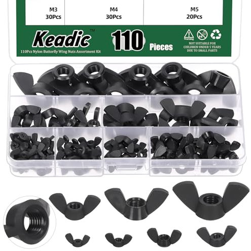 Keadic 110Pcs Nylon Metrische Flügelmuttern Sortiment Set, M3 M4 M5 M6 M8 M10 M12 Hand Twist Festziehen Ohr Schmetterling Mutter Flügelmuttern für Home Building Industry (Black)