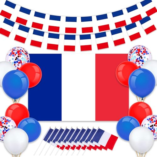 Francais Drapeau Bannière Guirlande Décorations Coupe du Monde 2026 16*France ballons 10*Petit Drapeau Décorations Coupe du Monde 2026 90x150cm