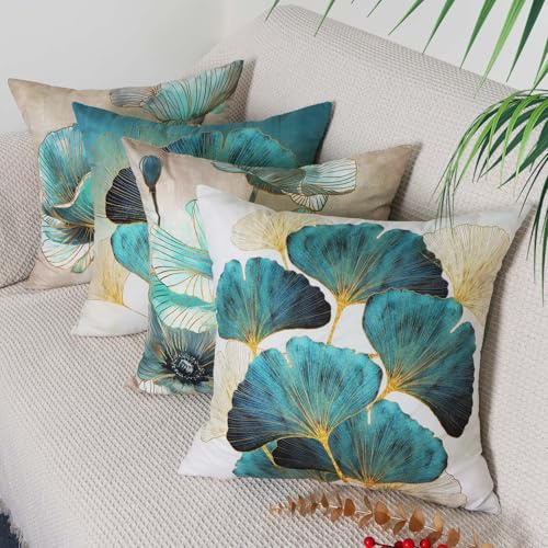 Betadistor Green Cushion Covers Set of 4, 45cm x 45cm Modern Ginkgo Leaves Print Decorative Throw Pillow Cases Home Decor Square Cushion Cover 18x18 Inches, Ginkgo Leaves, 507-0137