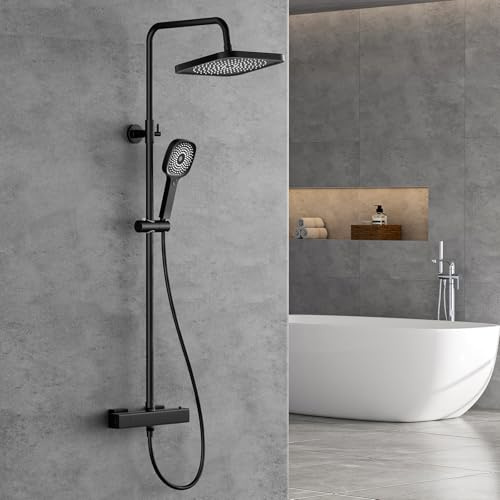 FORIOUS Thermostatic Shower Mixer Set-25cm Overhead Rainfall Jet Black | Stainless Steel Bar, Adjustable 90-125cm,3-Jet Hand Shower, Swivel Bracket, Anti-Leak Hose, Anti-Scald