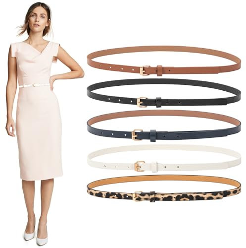 Bafiwu Gürtel Damen Schmal, 5 Stück Schmaler Gürtel Damen mit Goldschnalle, Verstellbarer Gürtel Kleid Damengürtel Damen Ledergürtel Gürtel Leder Damen (Schwarz,Braun,Blau,Beige,Leoparden)
