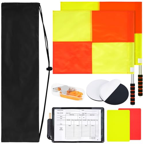 BEAUTIFABLE 9 Pcs Soccer Referee Kit, 2 Pcs Soccer Referee Flag, Red Yellow Cards with Notebook and Pencil, Coach Stainless Steel Whistles with Lanyard