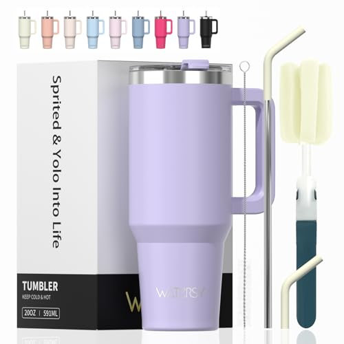 WATERSY 591ml Mug Isotherme avec Paille et Poignée, 20oz Double Acier Inoxydable Violet Tasse de Voyage Isotherme, Anti-fuite, Gobelet à Café à Emporter, Pour Voiture, Bureau, Travel