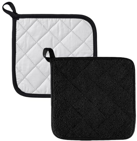 CULEO Juego de 2 agarraderas aislantes de algodón, manoplas negras para horno, resistentes al calor, cuadradas, para cocinar y hornear.