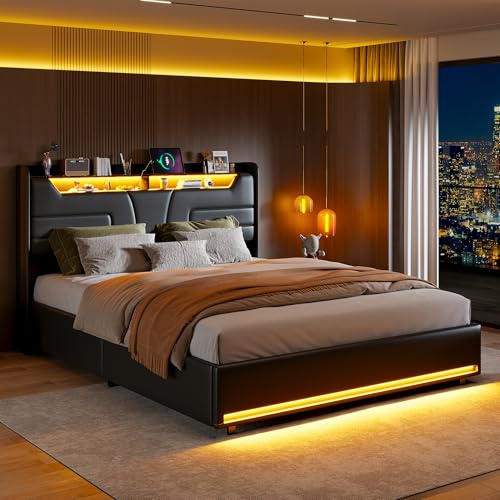 Callicarpa Cama tapizada de 160 x 200 cm con espacio de almacenamiento, cabecero LED con compartimento de almacenamiento y función de carga USB, cama de almacenamiento con iluminación LED, estructura