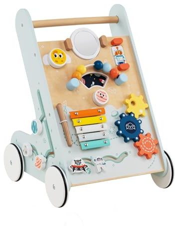 GYMAX Carrello da Passeggio in Legno, Carrello Montessori con Ruote, Spazio di Stoccaggio, Centro Attività per Spingere e Tirare, Carrello per Primi Passi per Bambini e Bambine da 1 Anno in Su (Verde)