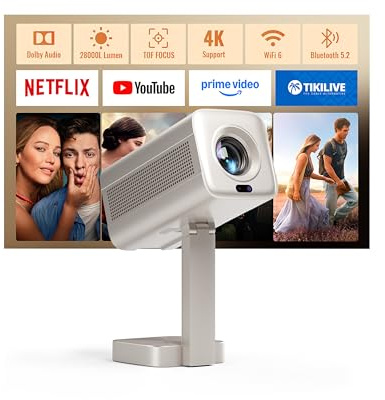 Smart Mini Beamer 4k [Kompatibel mit Netflix & Dolby Audio] VOPLLS TOF Autofokus/Trapezkorrektur 28000 Lumen Projektor, WiFi6 Bluetooth Full HD 1080P 210° Drehbar Beamer Heimkino/Outdoor für Handy/PC