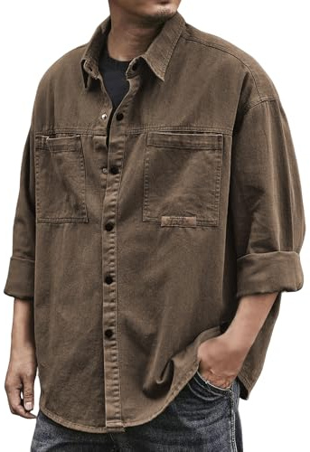 Long Sleeve T Shirt Mens Baggy Button Front Classic Lapel Formal Dress Shirt Stretch Loose Fit Tops Work Office Tees, Brown, XL