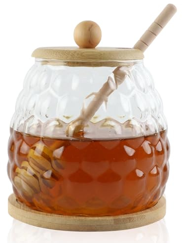 Dzmuero Dispensador Miel, Tarro para Miel con Cuchara, Patrón de Panal de Madera