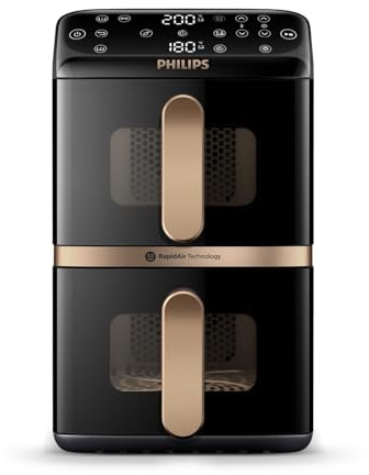 Philips Airfryer 4000 Series Stacked Dual Basket, Gestapelte Heißluftfritteuse mit 2 Körben, 10L, RapidAir Technologie, 45% weniger Platzbedarf, PFAS-freie Keramikbeschichtung, Sichtfenster (NA462/70)