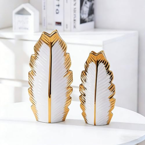 Juego de 2 Jarrón De Cerámica,Boho Moderno Nórdico,Minimalismo Estilo Decoración,para decoración del hogar, Mesa de café, Bodas, restaurantes, Decoraciones de Oficina y Entrada (Blanco y Dorado)