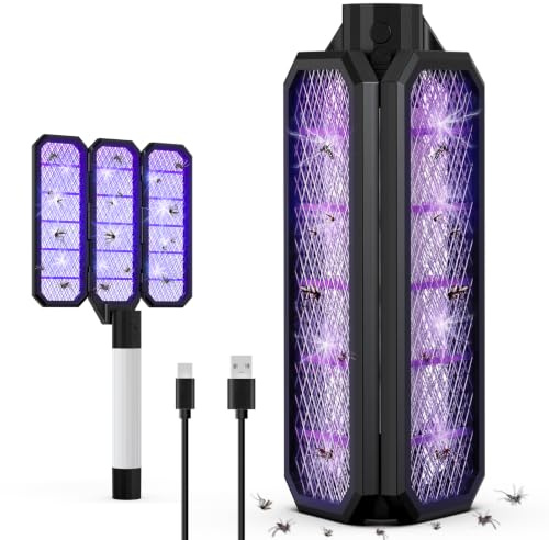 Lampada Antizanzare Elettrica, Racchetta Zapper con luce UV, Zanzariera Elettrica Tri-Fold, Batteria Ricaricabile da 4000 mAh, Insetticida per Casa Giardino Interno Esterno Cucina