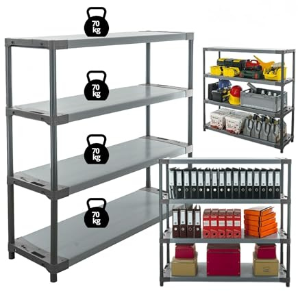 MODO24 Jupiter-4 Plastikregal, Kunststoffregal mit 4 Fachböden, freistehend, Wetterfest, Steckregal, Werkstattregal, Kellerregal, Lagerregal für Garage, Abmessungen 138x150x42 cm, Farbe: Grau