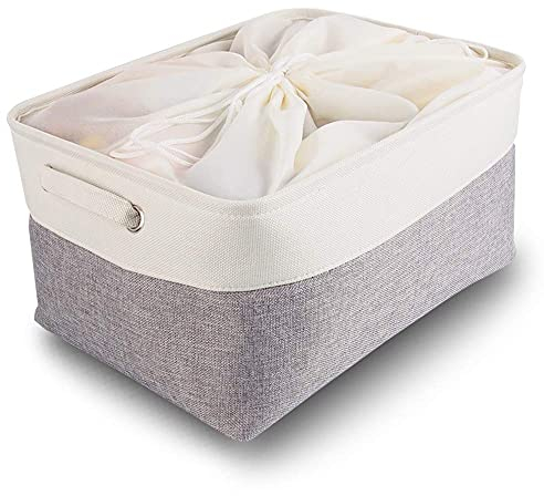 Mangata Jumbo Canvas Storage Box Fabric Storage Basket with Handles & drawstring for Cupboards, Shelves, Clothes, Toys (Extra Large, Foldable, Grey White)
