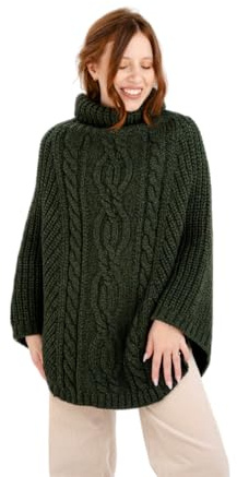 SAOL Poncho irlandese Aran 100% lana merino da donna, Verde militare, Taglia unica