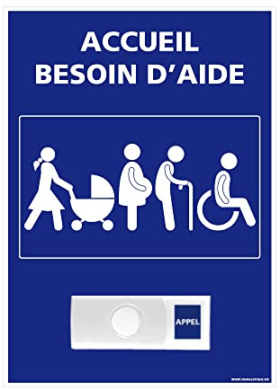 Panneau Accueil Besoin d'Aide Avec Sonnette Intégrée - Assistance SOS - 150 x 210 mm - Plastique PVC 1,5 mm