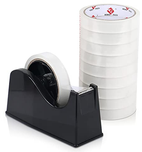 BOMEI PACK Desktop Tape Dispenser (Fits 1 & 3 Core) with Transparent Tape Refills, Clear Tape with Black Tape Holder,Weighted Non Slip Base, for Masking Tape,Heat Resistant Tape