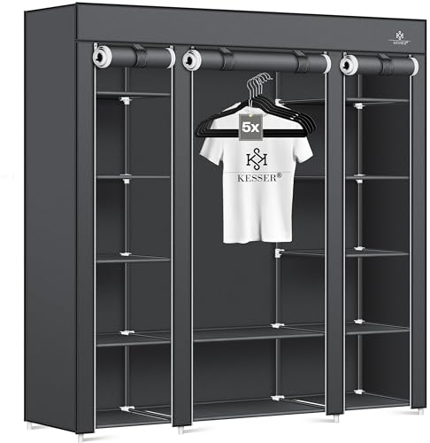 KESSER® Kleiderschrank Stoffschrank Stabil mit Kleiderstange & Ablagen, Inkl. 5X Kleiderbügel, Stoff Faltschrank für Schlafzimmer, Ankleidezimmer Garderobe mit Kleiderständer 150x45x175cm Anthrazit