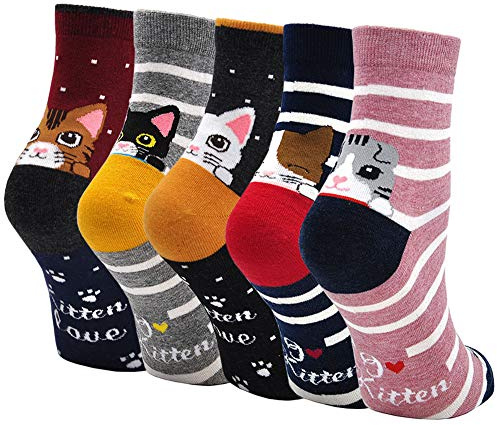 PUTUO Chaussettes Fille Enfant en Coton: Socquettes Filles Chaussette Chat Courte Fantaisie Animaux pour Enfant Taille 35-38 Motif de Canard 5 paires
